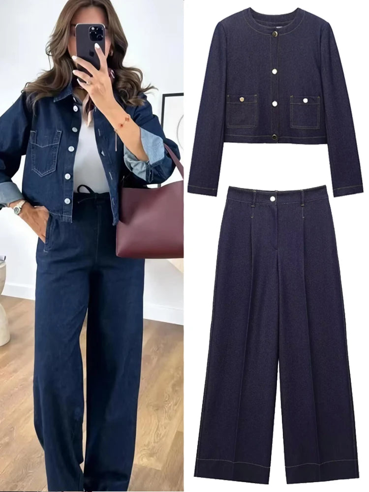 HXAO Denim Set Woman Jeans Set Denim 2 Piece Set Streetwear Woman Trousers Denim Outfits Two Piece Set Women's Denim Top Jacket