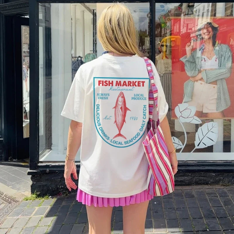 Retro Aesthetic Seafood Graphic Tees Fish Market Back Print T Shirt Short Sleeve Ocean Beach T-Shirts Women's Clothing