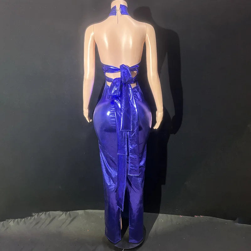 Purple Neck Slim Temperament Seaside Vacation Backless Dress Star Red Carpet Catwalk Singer Music Festival Mini Vestido Sexy Hot