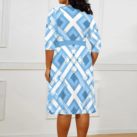 Plus Size Wrap Midi Dress Light Blue Geometric Print Elegant Modern 3/4 Sleeve Outfit