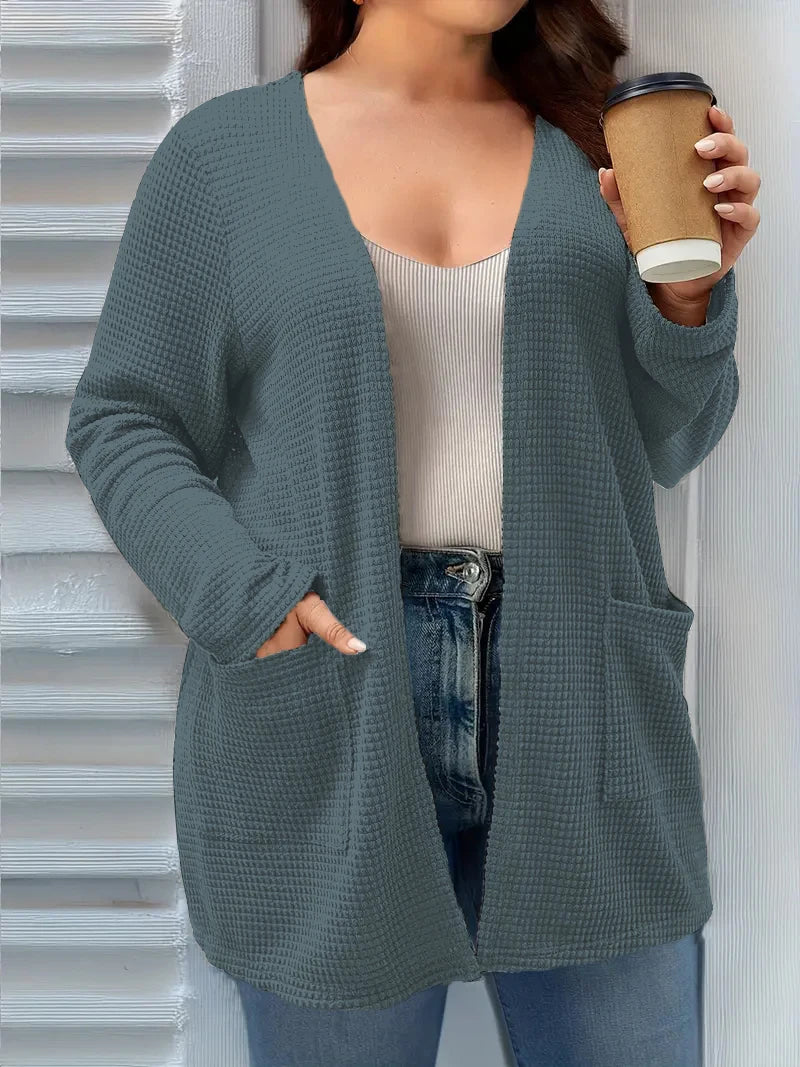 Plus size pure color pocket cardigan coat, casual long-sleeved shirt, suitable for spring and autumn wear, women plus size cloth