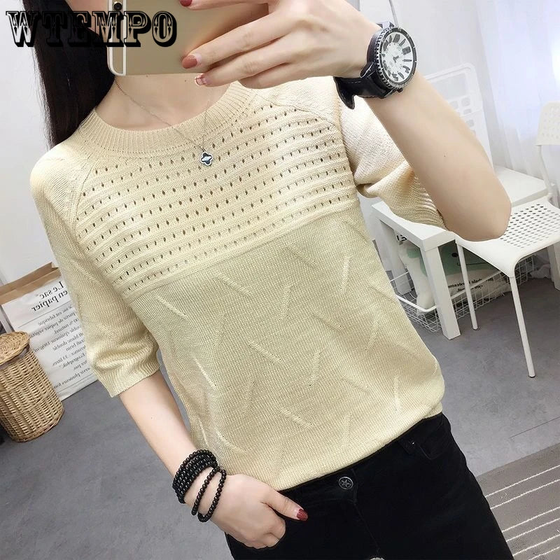 WTEMPO Woman Knit Sweaters Pullover Summer Knitted T-shirt Short-Sleeved Women's Loose Hollow Jumper Knitwear