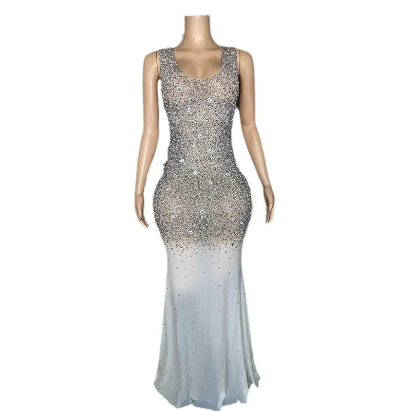 Birthday Clothing Diamond Performance Clothing Silver Rhinestone Dress Temperament Evening Elegant Evening Dresses Woman Elegant