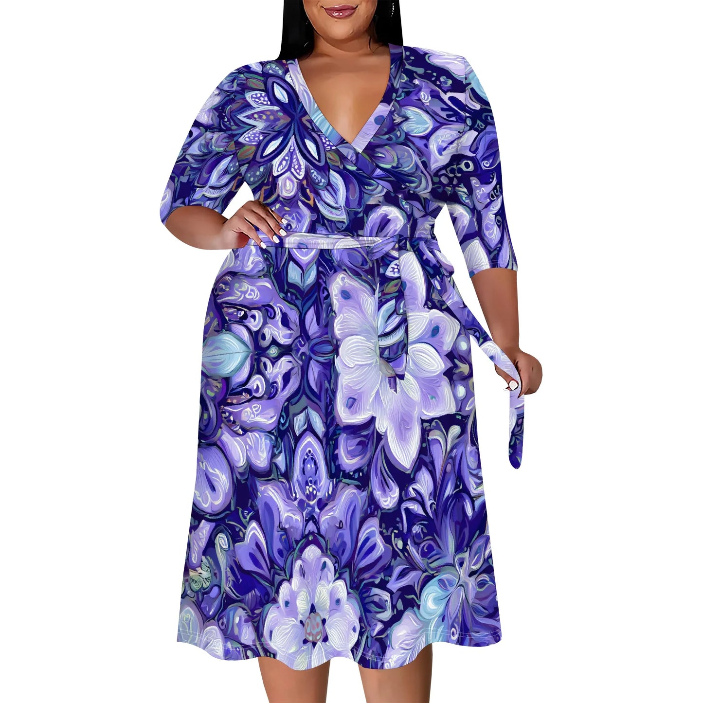 Plus Size V-Neck Wrap Midi Dress Purple Swirl Floral Print 3/4 Sleeve Elegant Look