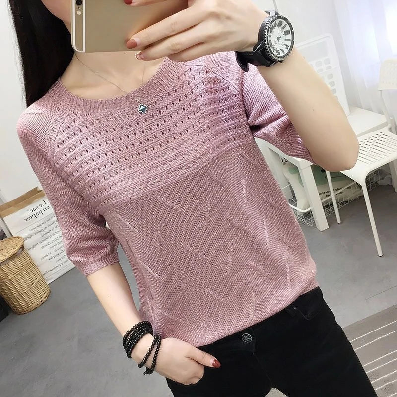 WTEMPO Woman Knit Sweaters Pullover Summer Knitted T-shirt Short-Sleeved Women's Loose Hollow Jumper Knitwear