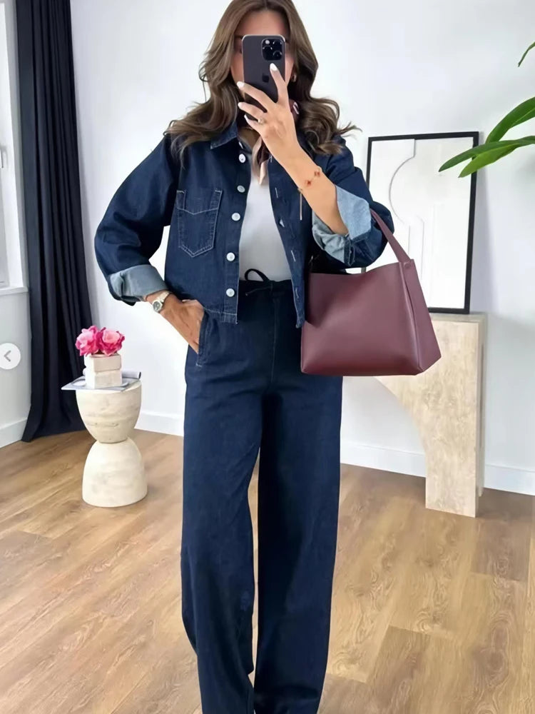 HXAO Denim Set Woman Jeans Set Denim 2 Piece Set Streetwear Woman Trousers Denim Outfits Two Piece Set Women's Denim Top Jacket