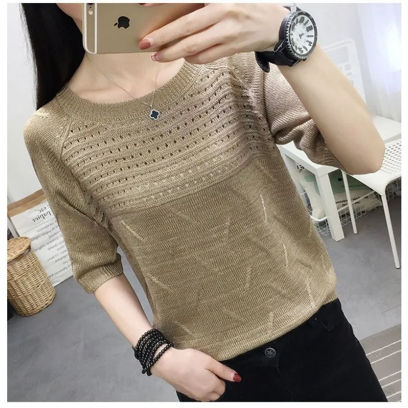 WTEMPO Woman Knit Sweaters Pullover Summer Knitted T-shirt Short-Sleeved Women's Loose Hollow Jumper Knitwear