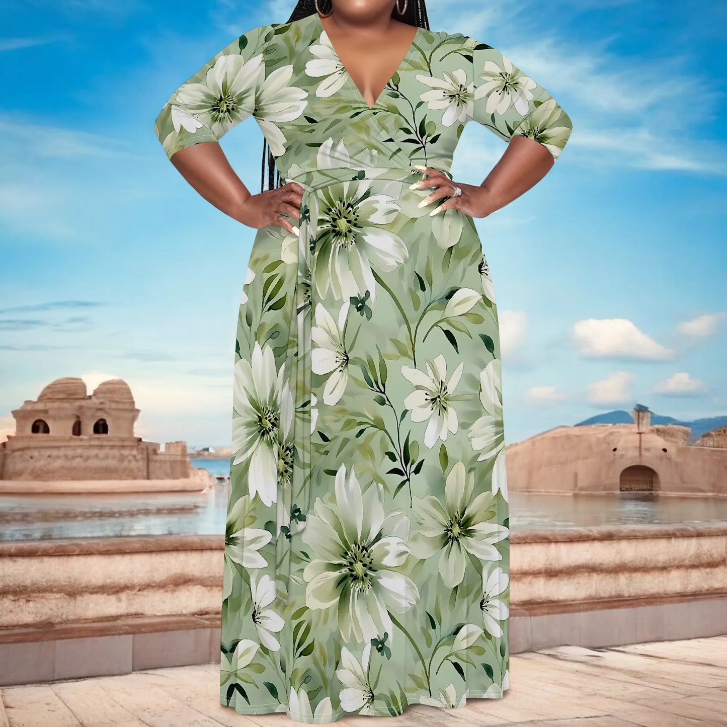 Plus Size Green Floral Maxi Dress V Neck Mid Sleeve Belted Casual Elegant Style