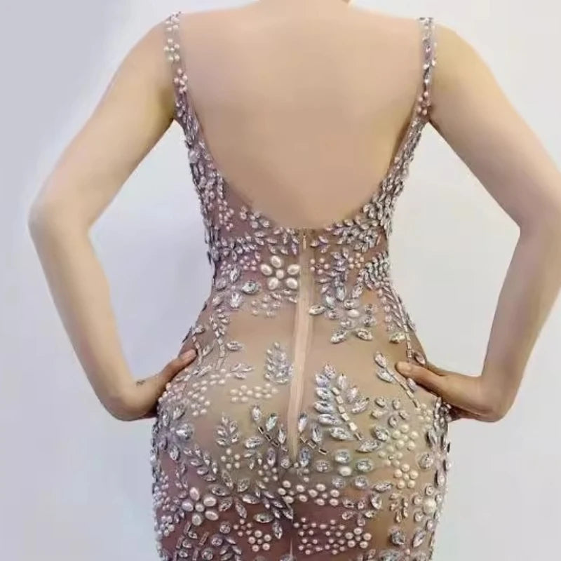 Sexy Female Singer Costume Nightclub Bar Female Singer Full Diamond Tiara Mesh Feather Plum Blossom Diamond Skirt Abiti Da Festa