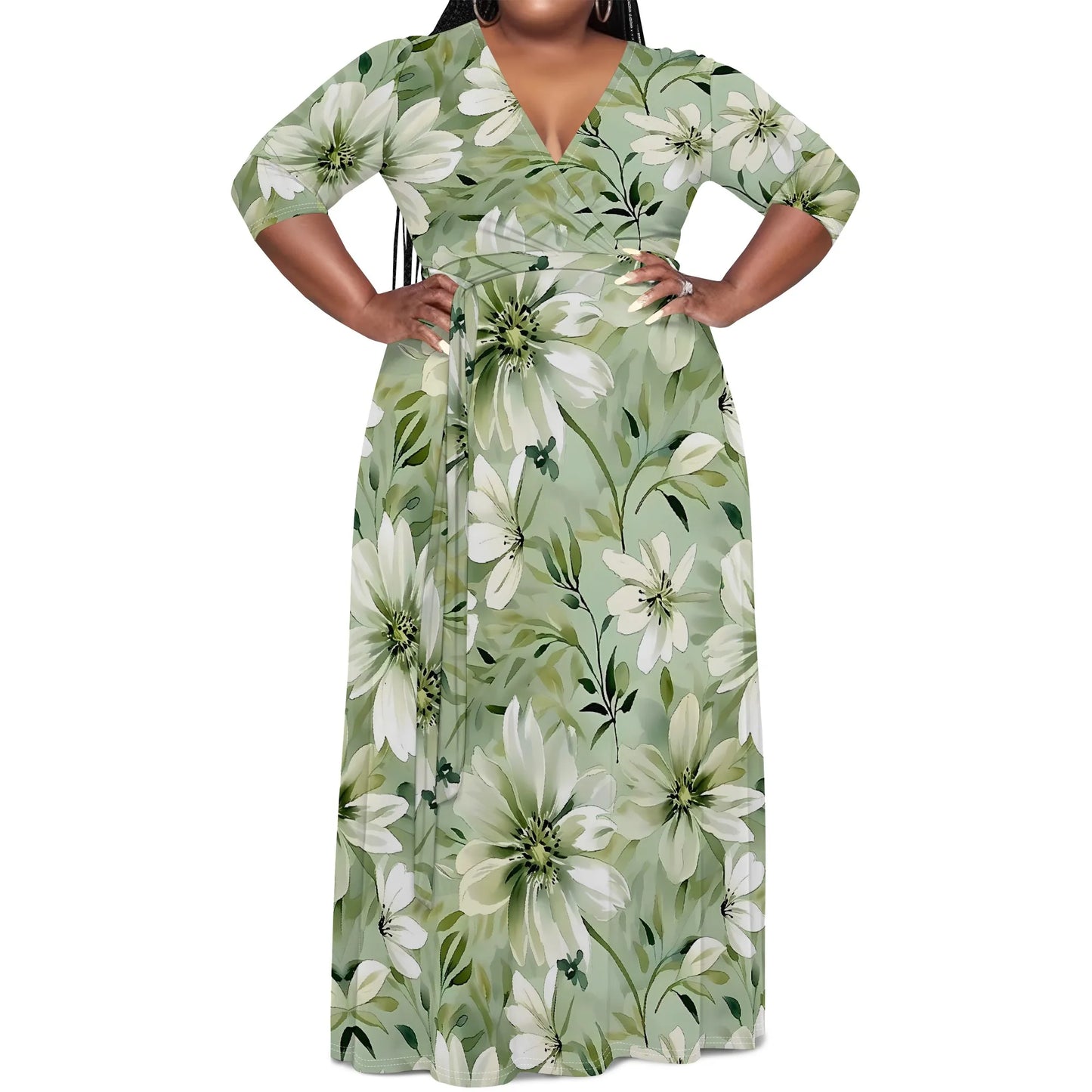 Plus Size Green Floral Maxi Dress V Neck Mid Sleeve Belted Casual Elegant Style