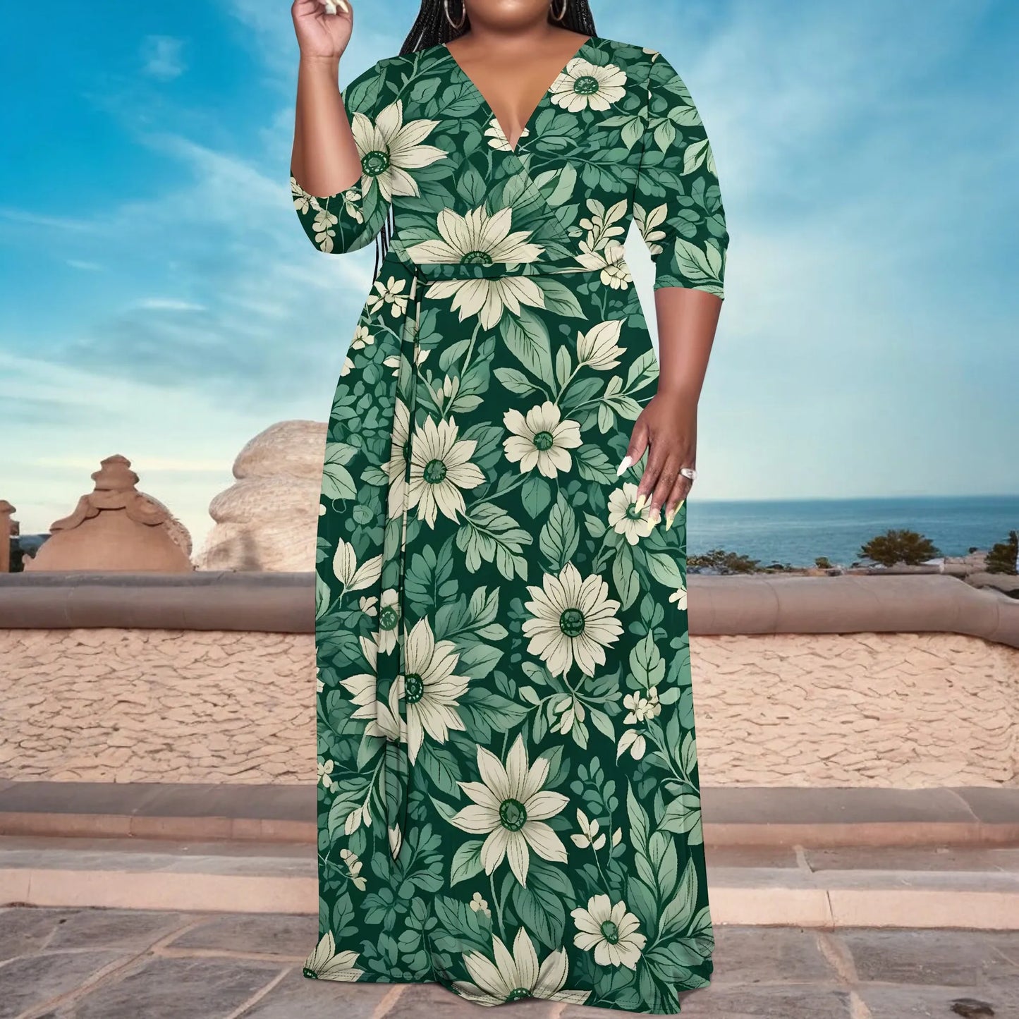 Plus Size Green Floral Maxi Dress V Neck Mid Sleeve Belted Casual Elegant Style