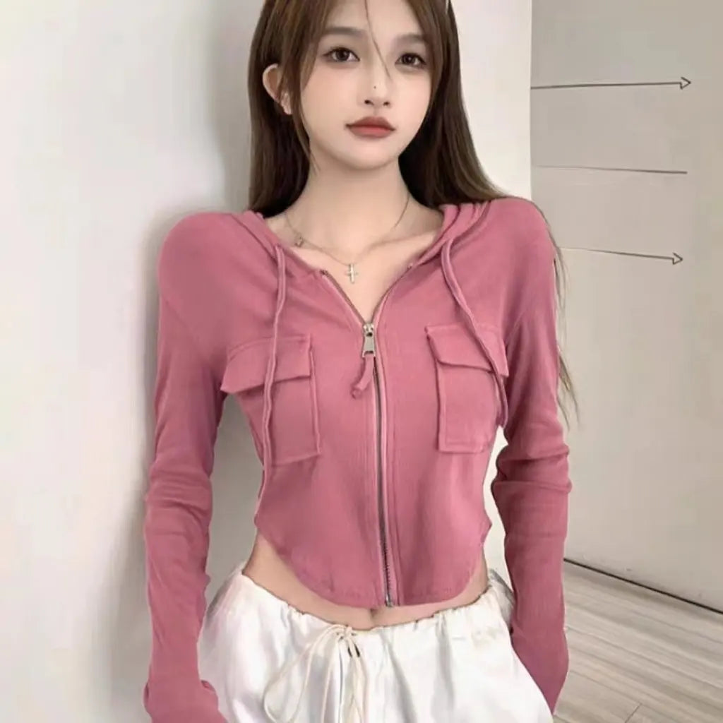 Spice Girls Short Hooded T-shirt Jacket Sweet And Hot Style Slim-fit Long-sleeved Waist Fashion Chic Autumn Outerwear