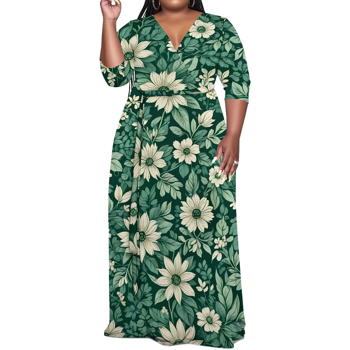 Plus Size Green Floral Maxi Dress V Neck Mid Sleeve Belted Casual Elegant Style