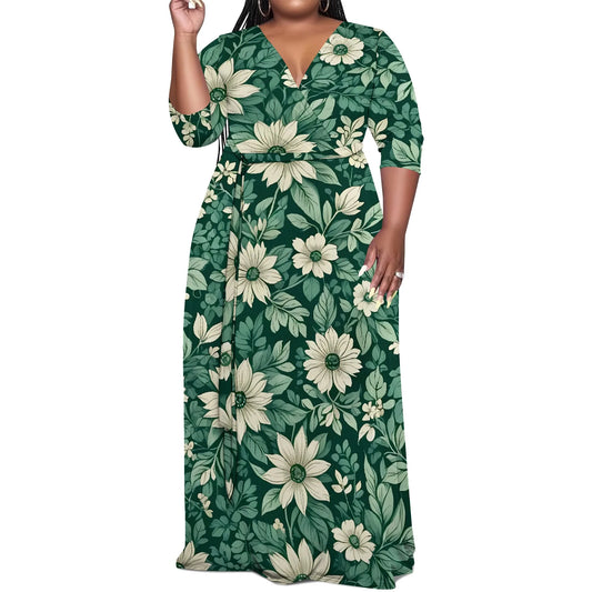 Plus Size Green Floral Maxi Dress V Neck Mid Sleeve Belted Casual Elegant Style