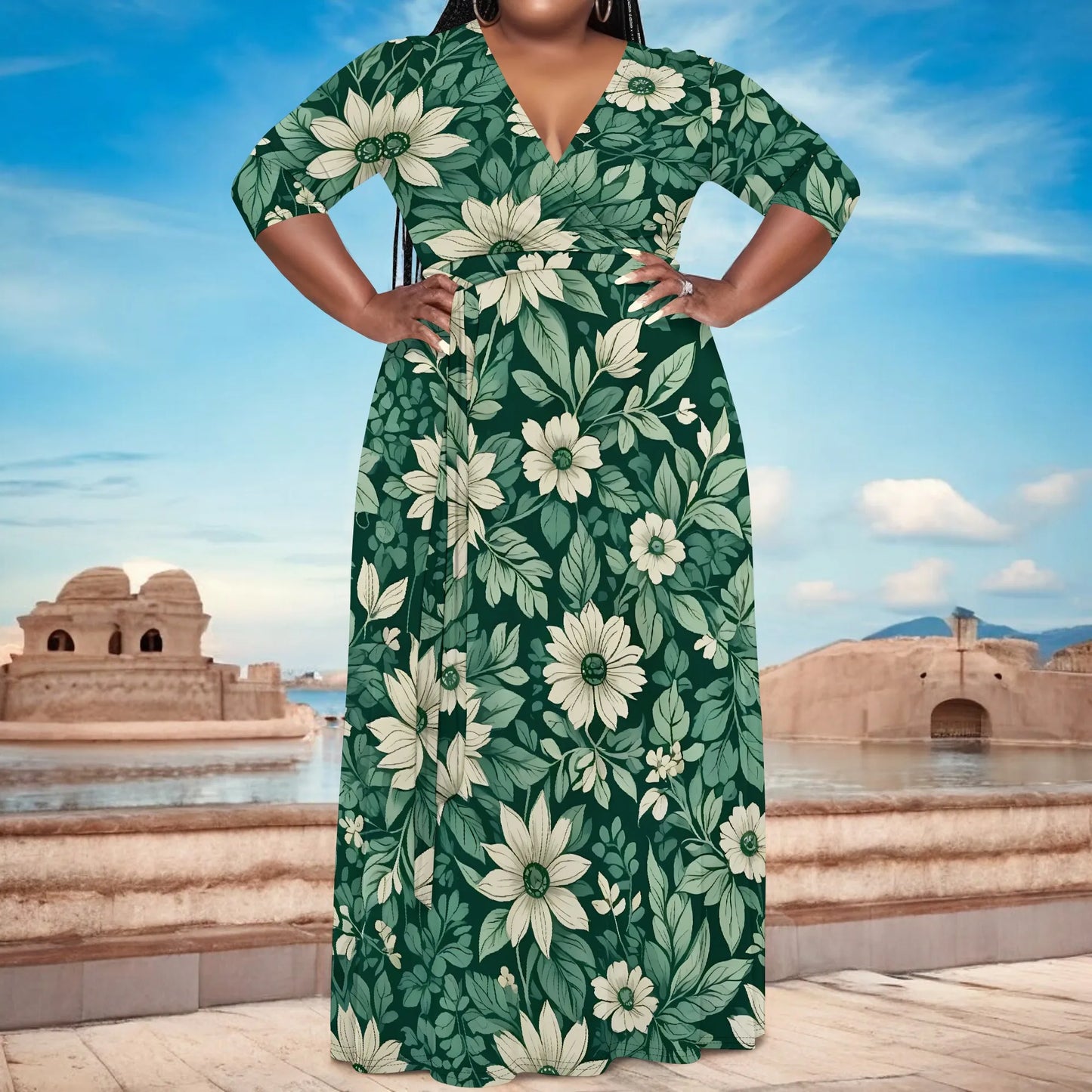Plus Size Green Floral Maxi Dress V Neck Mid Sleeve Belted Casual Elegant Style