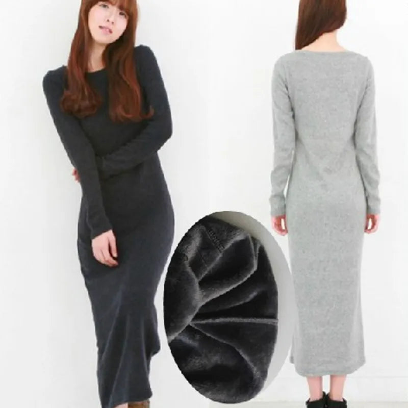 TIYIHAILEY O-neck Winter Thick Thermal Full Sleeve Maxi Dress S-10XL Customized Fleece Stretch Outerwear Hoodies Black Grey