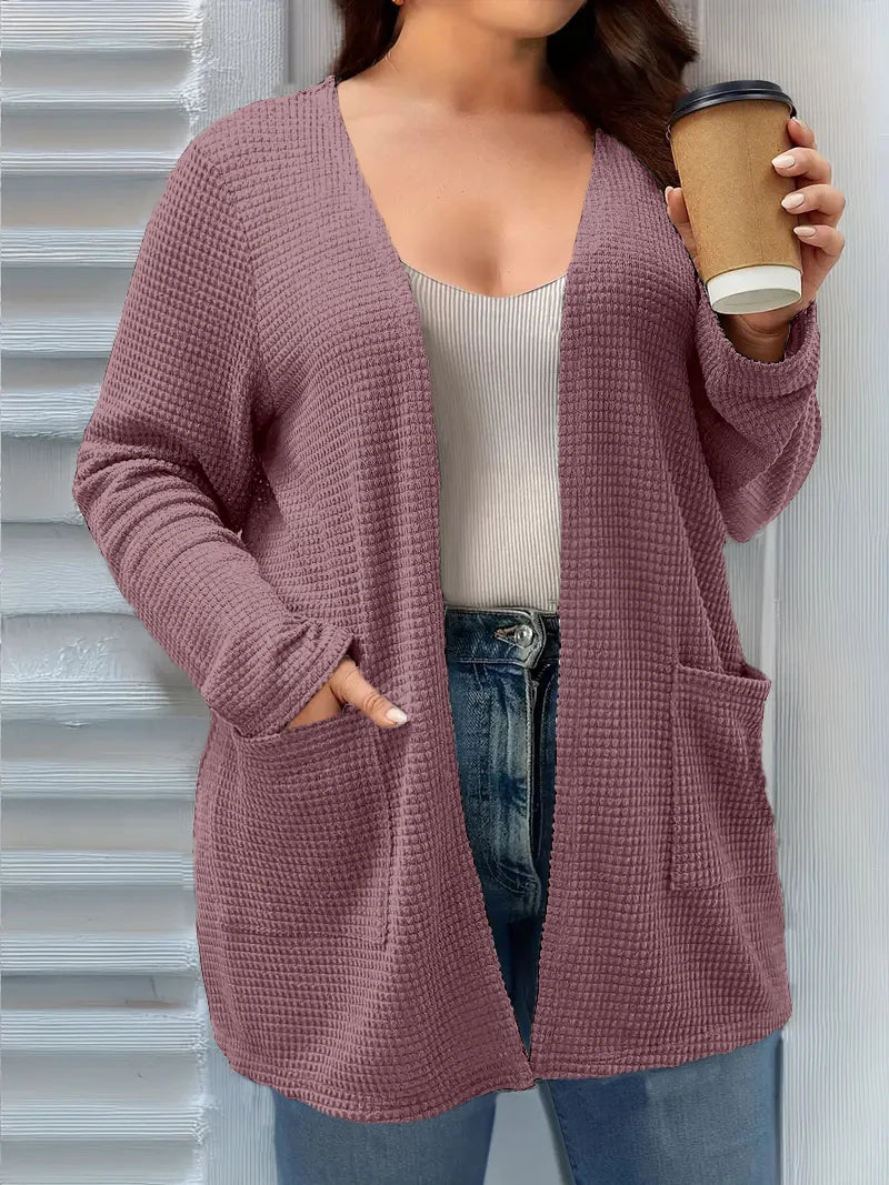 Plus size pure color pocket cardigan coat, casual long-sleeved shirt, suitable for spring and autumn wear, women plus size cloth