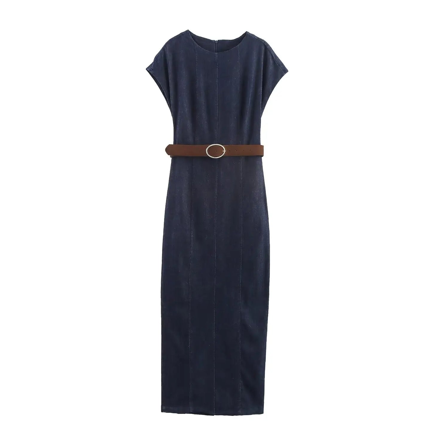 KONDALA Autumn Women Elegant Denim Belt Dress O-Neck Sleeveless Slim Long Dress 2025 Spring Fall Lady Casual Simple Denim Dress