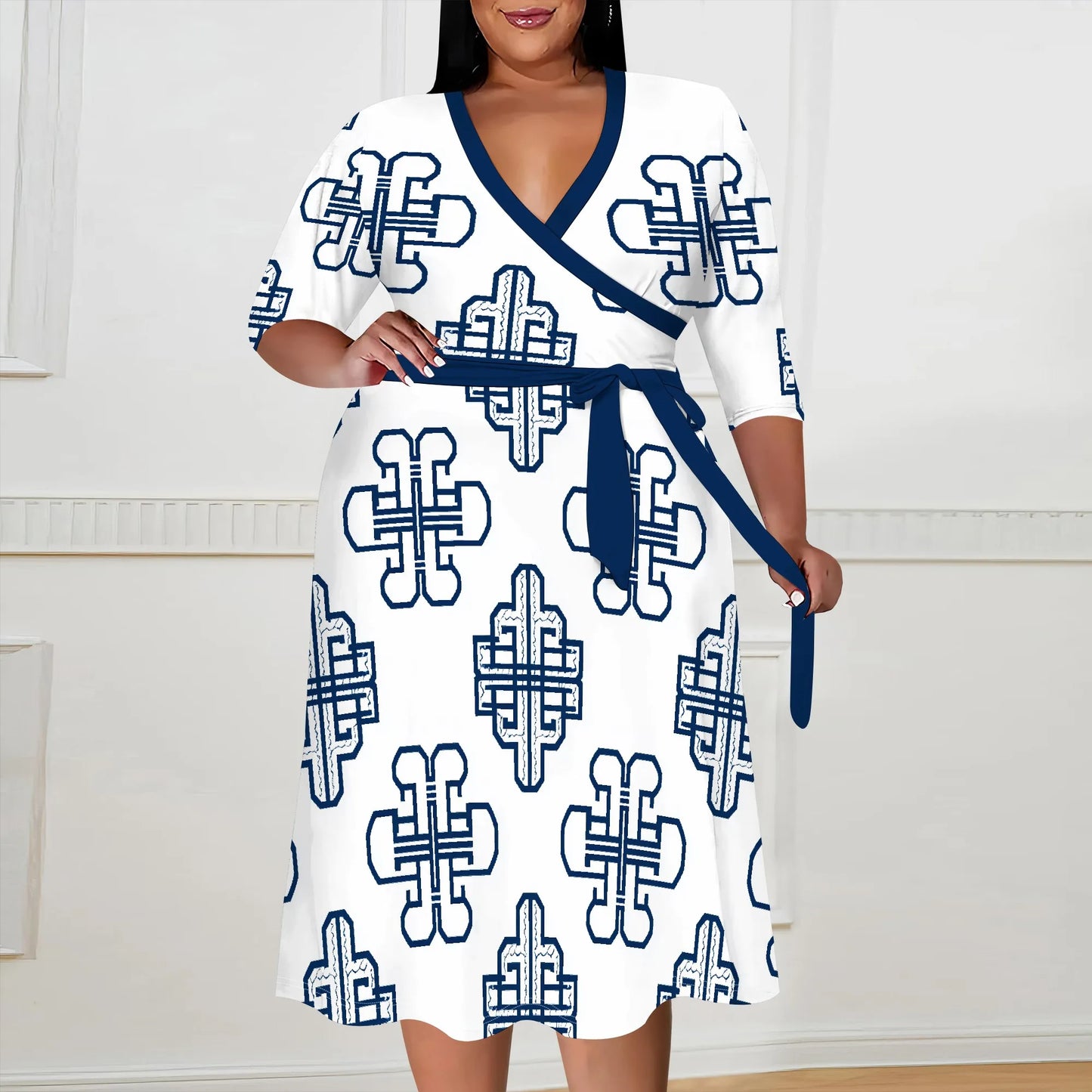Plus Size Wrap Midi Dress Light Blue Geometric Print Elegant Modern 3/4 Sleeve Outfit
