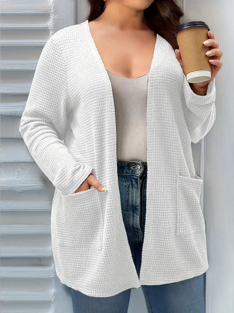 Plus size pure color pocket cardigan coat, casual long-sleeved shirt, suitable for spring and autumn wear, women plus size cloth