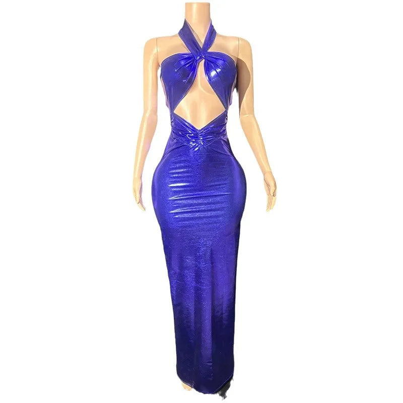 Purple Neck Slim Temperament Seaside Vacation Backless Dress Star Red Carpet Catwalk Singer Music Festival Mini Vestido Sexy Hot
