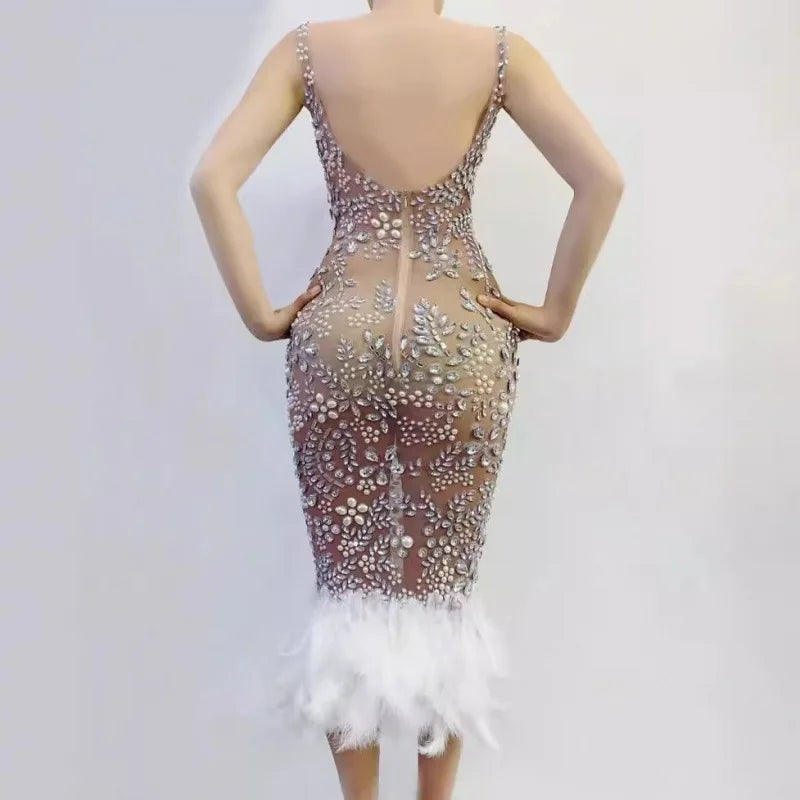 Sexy Female Singer Costume Nightclub Bar Female Singer Full Diamond Tiara Mesh Feather Plum Blossom Diamond Skirt Abiti Da Festa