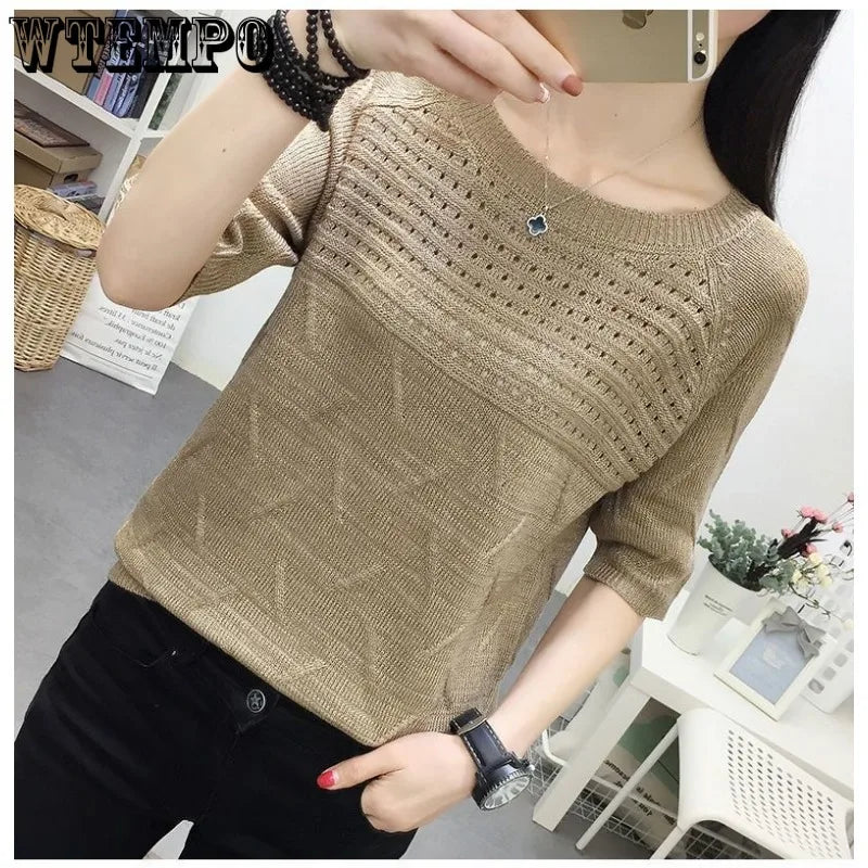 WTEMPO Woman Knit Sweaters Pullover Summer Knitted T-shirt Short-Sleeved Women's Loose Hollow Jumper Knitwear