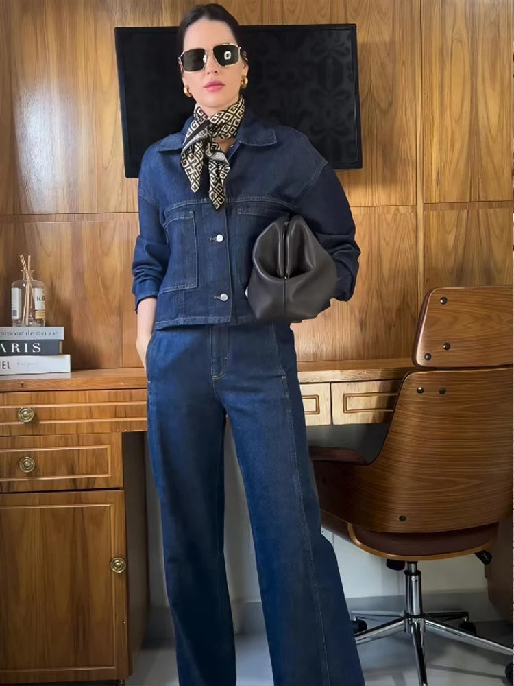 HXAO Denim Set Woman Jeans Set Denim 2 Piece Set Streetwear Woman Trousers Denim Outfits Two Piece Set Women's Denim Top Jacket