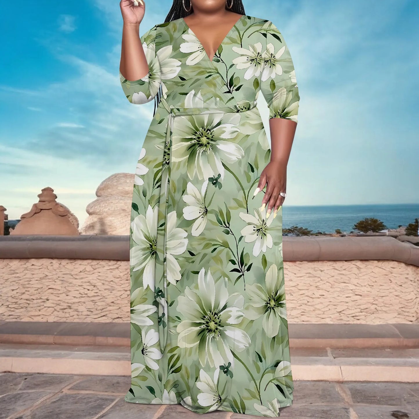 Plus Size Green Floral Maxi Dress V Neck Mid Sleeve Belted Casual Elegant Style