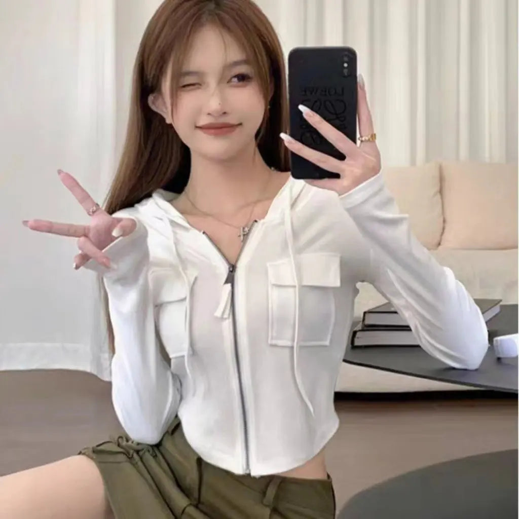 Spice Girls Short Hooded T-shirt Jacket Sweet And Hot Style Slim-fit Long-sleeved Waist Fashion Chic Autumn Outerwear