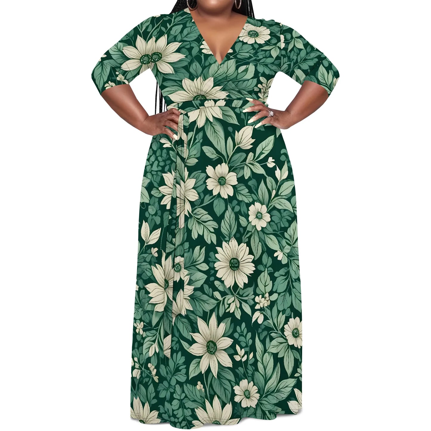Plus Size Green Floral Maxi Dress V Neck Mid Sleeve Belted Casual Elegant Style