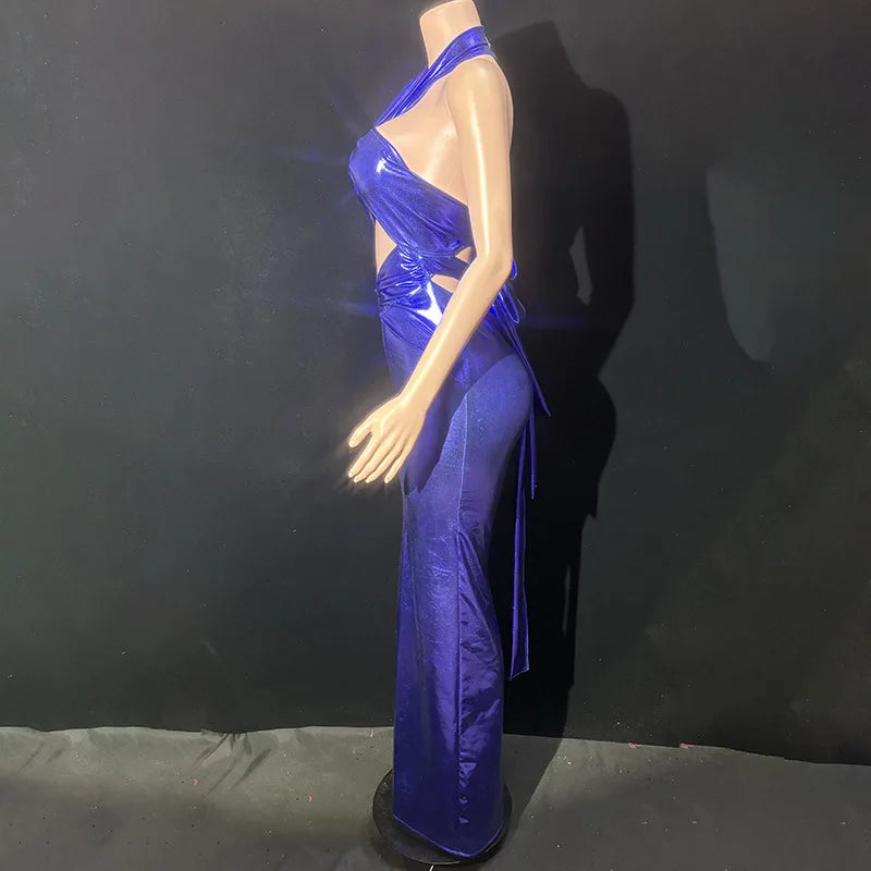 Purple Neck Slim Temperament Seaside Vacation Backless Dress Star Red Carpet Catwalk Singer Music Festival Mini Vestido Sexy Hot