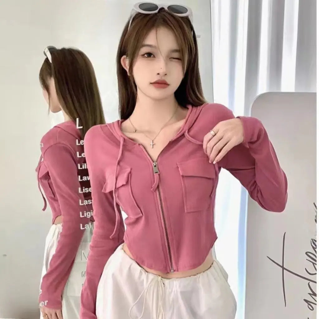 Spice Girls Short Hooded T-shirt Jacket Sweet And Hot Style Slim-fit Long-sleeved Waist Fashion Chic Autumn Outerwear