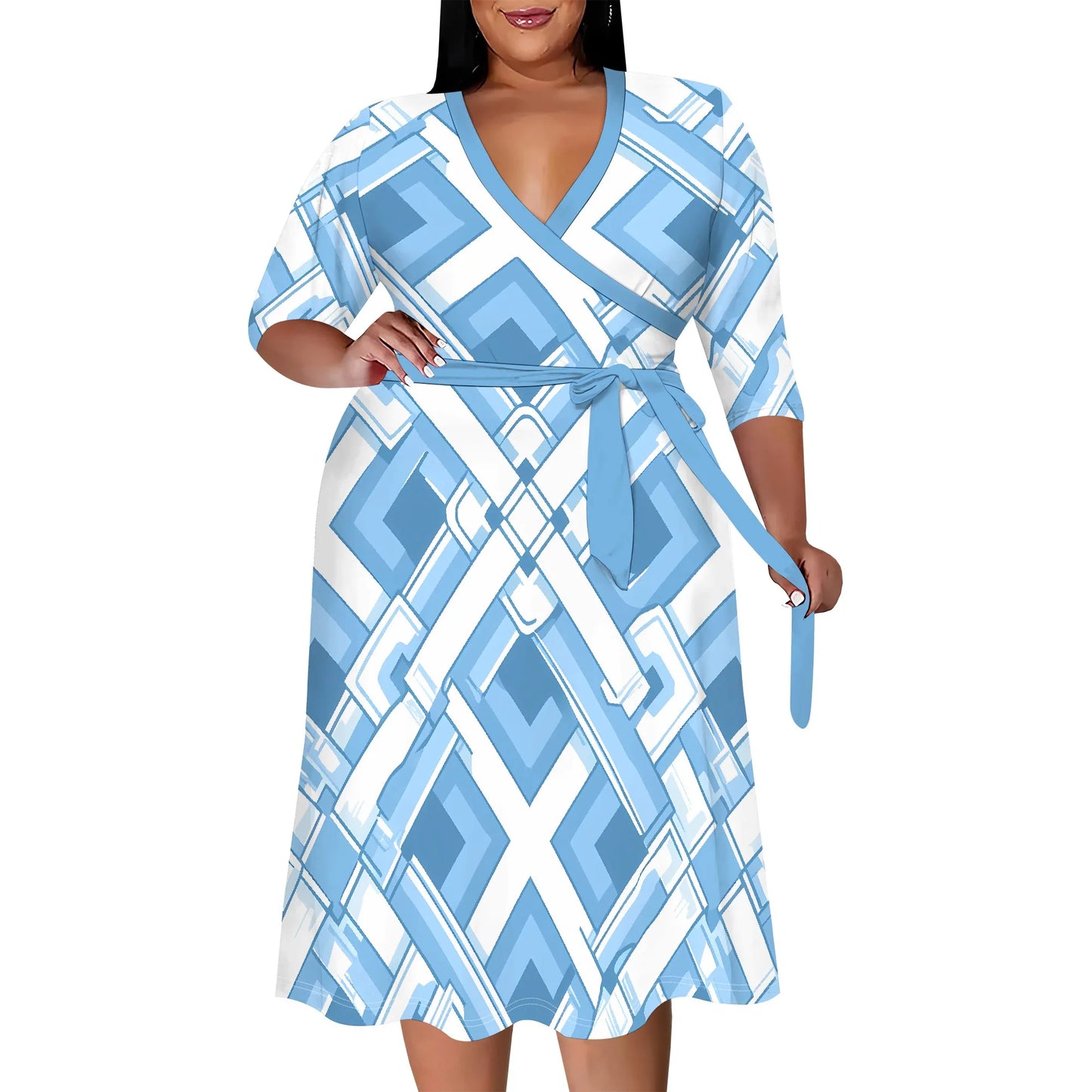 Plus Size Wrap Midi Dress Light Blue Geometric Print Elegant Modern 3/4 Sleeve Outfit