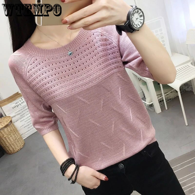 WTEMPO Woman Knit Sweaters Pullover Summer Knitted T-shirt Short-Sleeved Women's Loose Hollow Jumper Knitwear