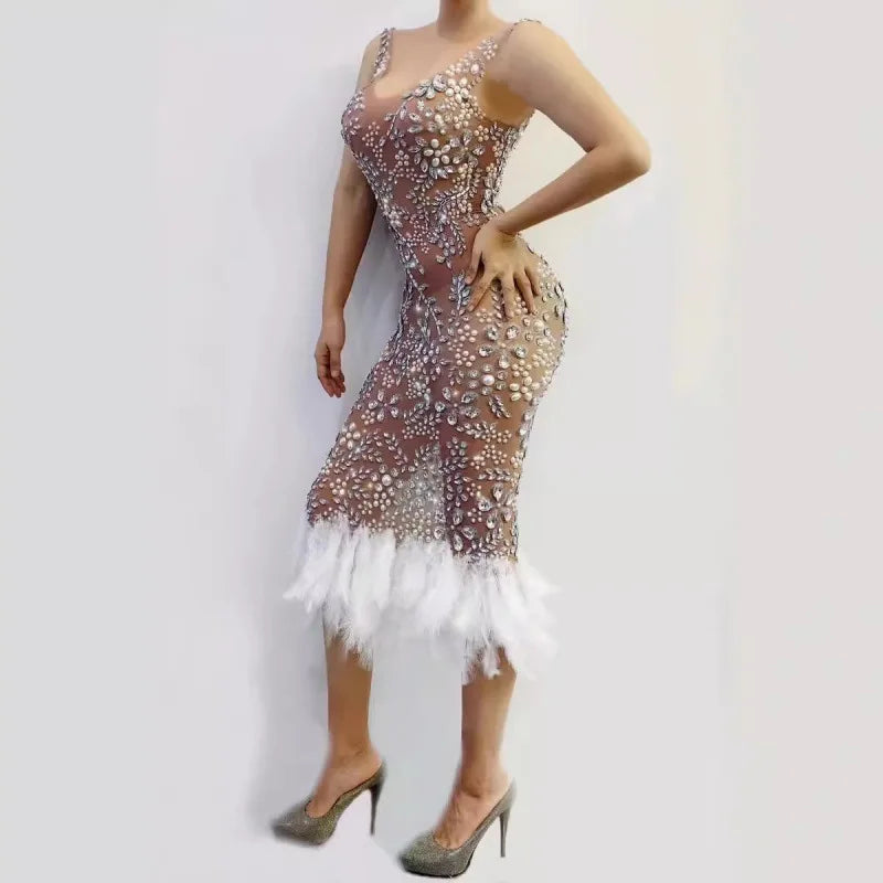 Sexy Female Singer Costume Nightclub Bar Female Singer Full Diamond Tiara Mesh Feather Plum Blossom Diamond Skirt Abiti Da Festa