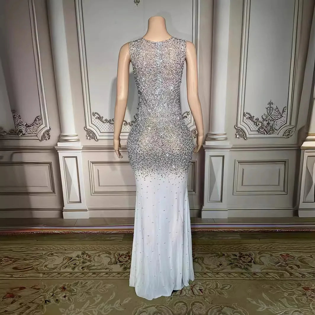 Birthday Clothing Diamond Performance Clothing Silver Rhinestone Dress Temperament Evening Elegant Evening Dresses Woman Elegant