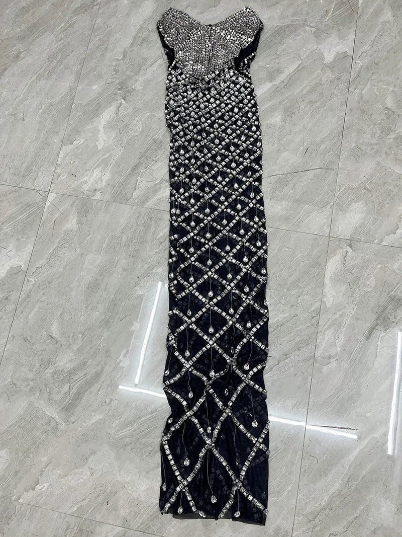Black Diamond Model Contest Tube Top Temperament Elegant Performance Dress Full Of Diamonds Slim Dress Singers Annual Meeting