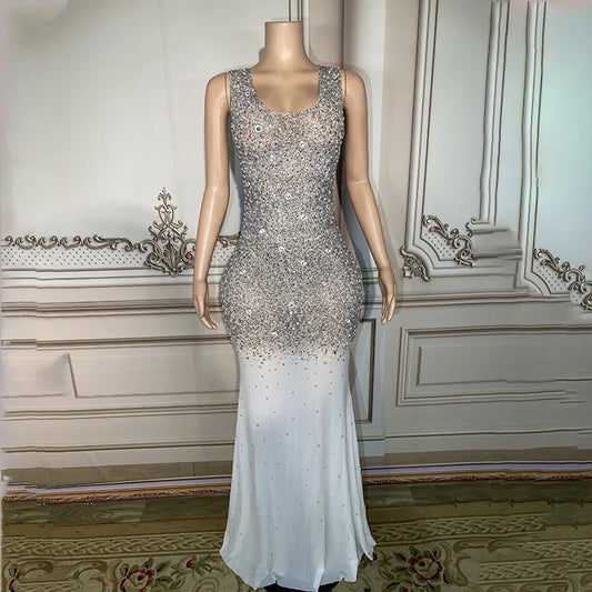 Birthday Clothing Diamond Performance Clothing Silver Rhinestone Dress Temperament Evening Elegant Evening Dresses Woman Elegant