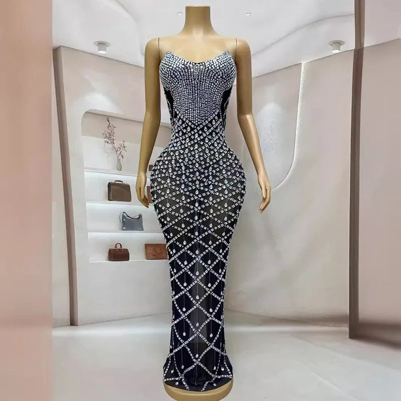 Black Diamond Model Contest Tube Top Temperament Elegant Performance Dress Full Of Diamonds Slim Dress Singers Annual Meeting