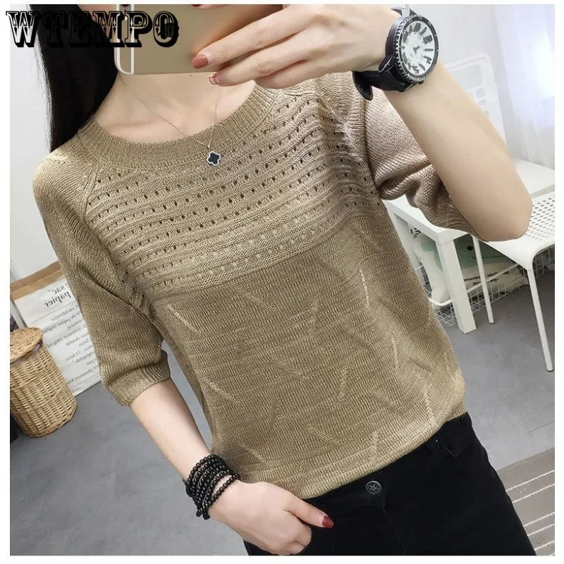 WTEMPO Woman Knit Sweaters Pullover Summer Knitted T-shirt Short-Sleeved Women's Loose Hollow Jumper Knitwear