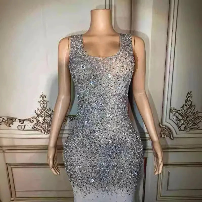 Birthday Clothing Diamond Performance Clothing Silver Rhinestone Dress Temperament Evening Elegant Evening Dresses Woman Elegant
