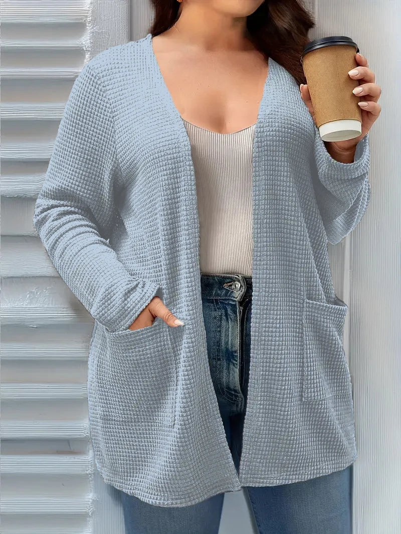 Plus size pure color pocket cardigan coat, casual long-sleeved shirt, suitable for spring and autumn wear, women plus size cloth