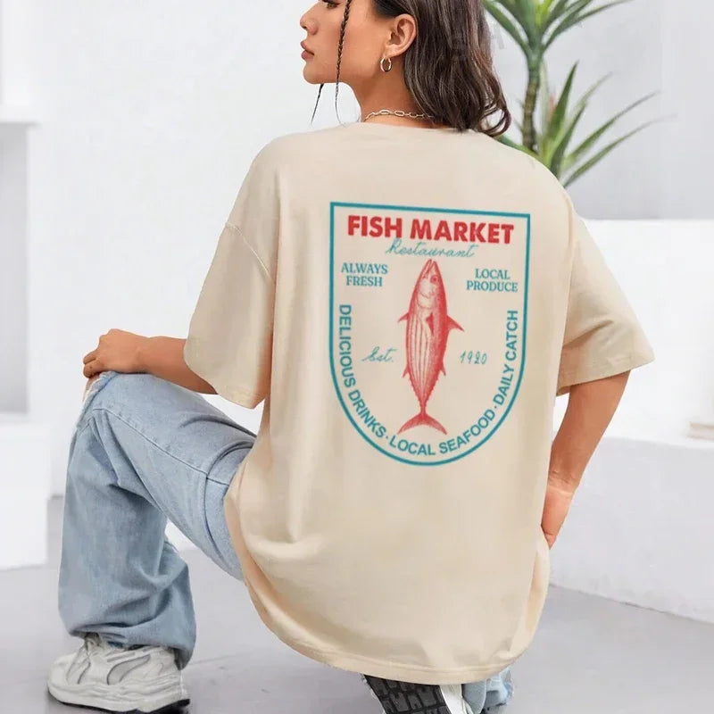 Retro Aesthetic Seafood Graphic Tees Fish Market Back Print T Shirt Short Sleeve Ocean Beach T-Shirts Women's Clothing