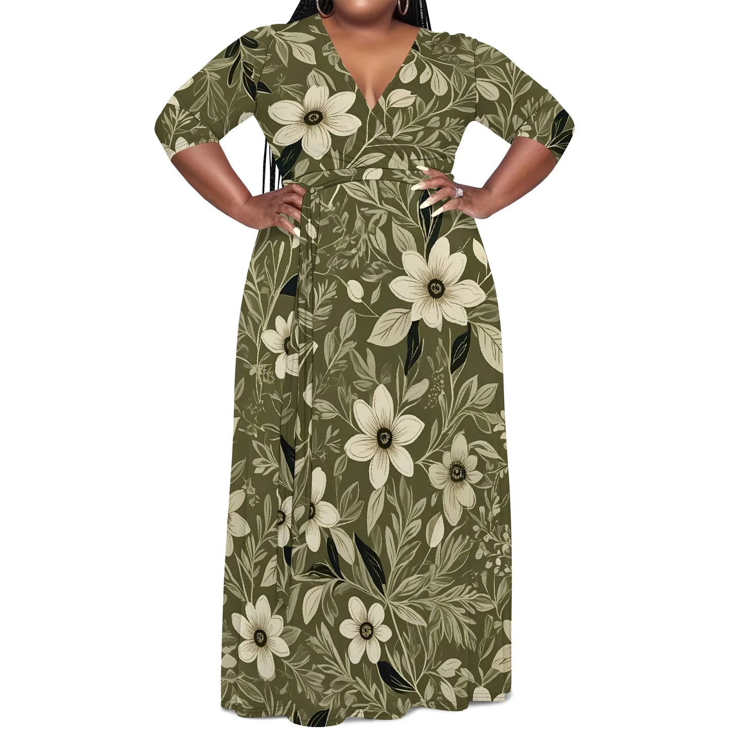 Plus Size Green Floral Maxi Dress V Neck Mid Sleeve Belted Casual Elegant Style