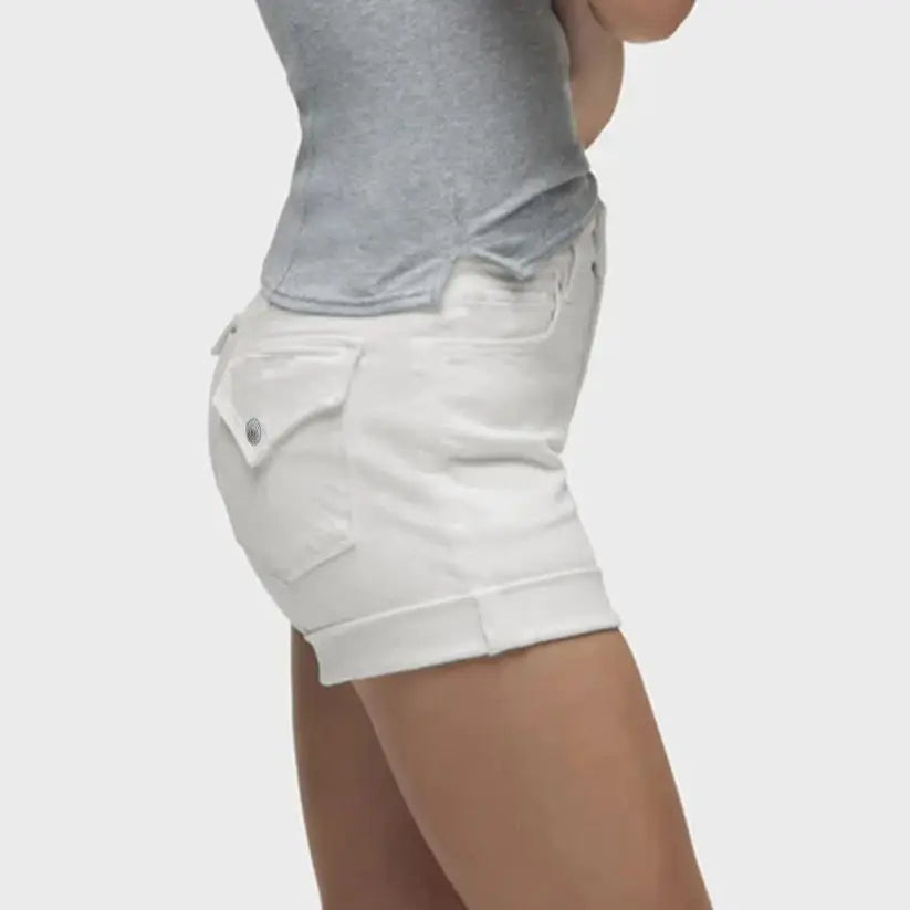 Women's White Stretch Washed Denim Shorts Double Button Placket Back Pocket Flap Casual Versatile Ladies Denim Shorts