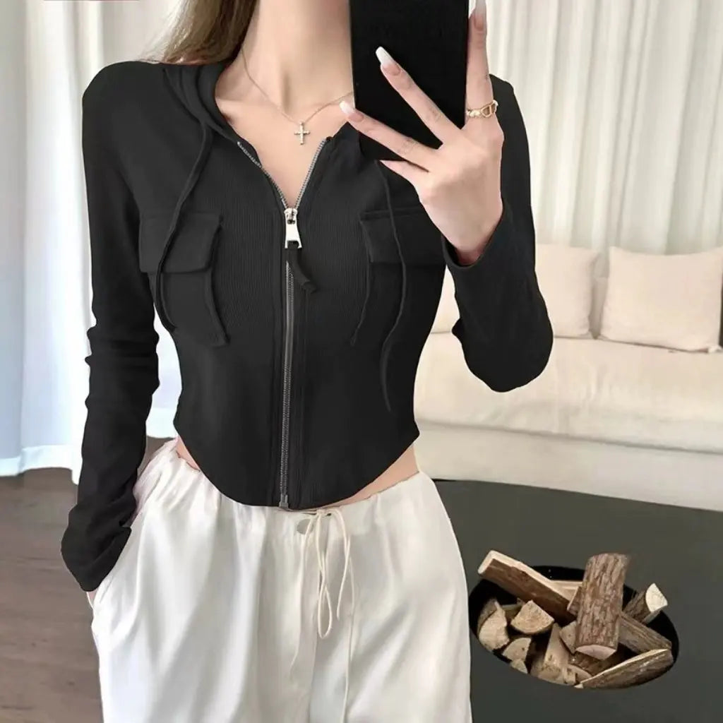 Spice Girls Short Hooded T-shirt Jacket Sweet And Hot Style Slim-fit Long-sleeved Waist Fashion Chic Autumn Outerwear