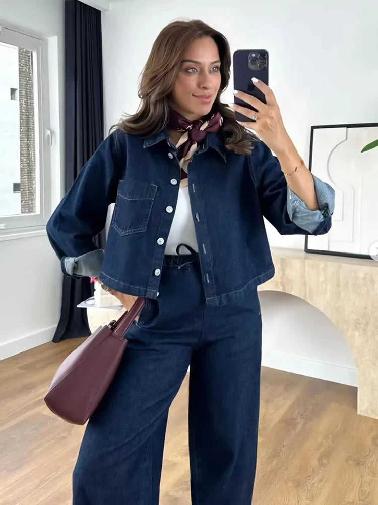 HXAO Denim Set Woman Jeans Set Denim 2 Piece Set Streetwear Woman Trousers Denim Outfits Two Piece Set Women's Denim Top Jacket