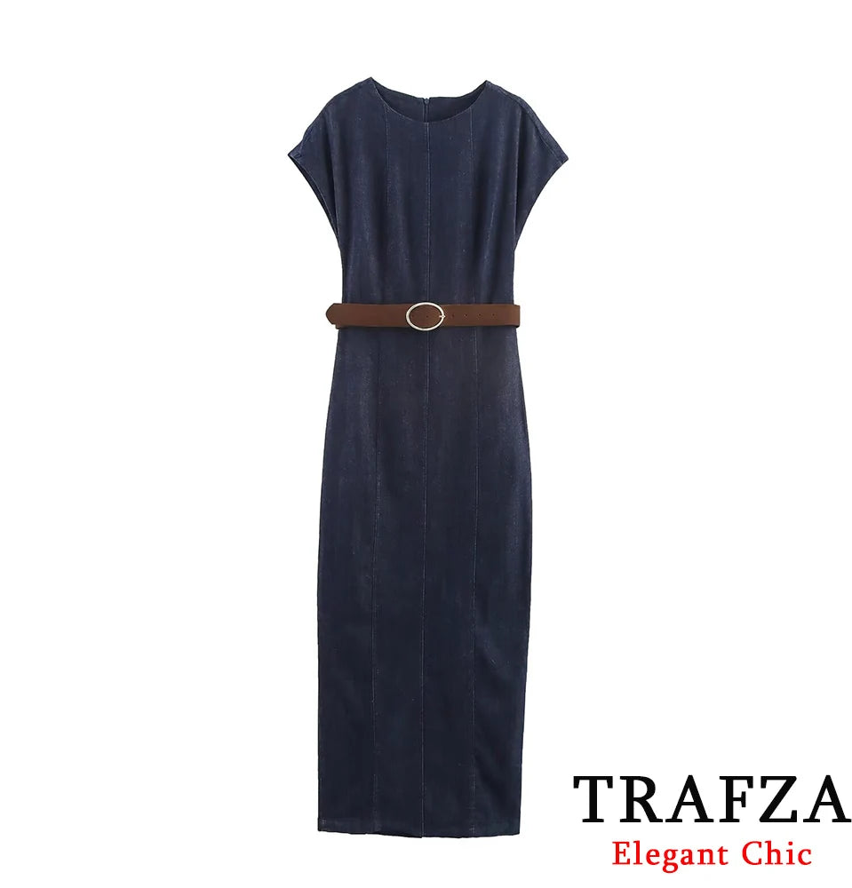 KONDALA Autumn Women Elegant Denim Belt Dress O-Neck Sleeveless Slim Long Dress 2025 Spring Fall Lady Casual Simple Denim Dress