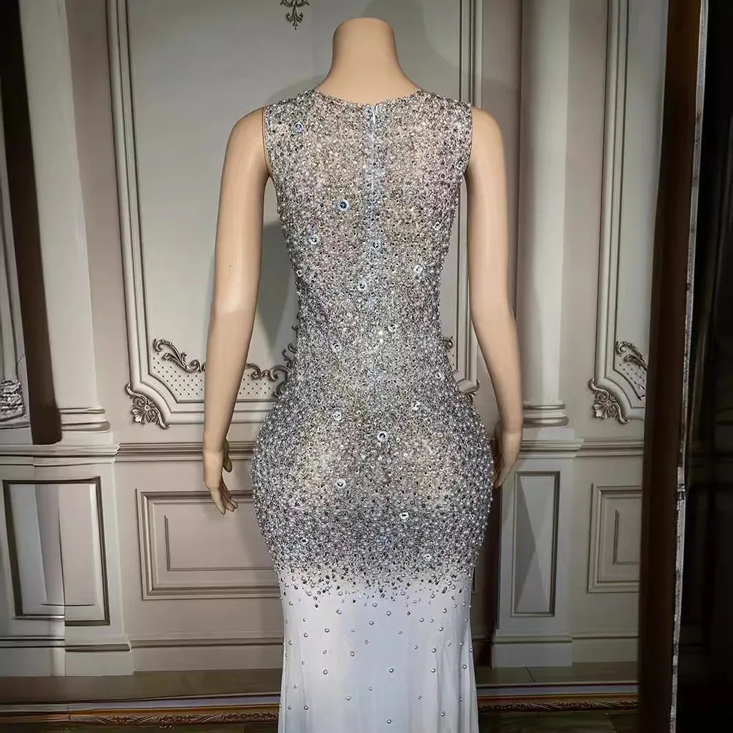 Birthday Clothing Diamond Performance Clothing Silver Rhinestone Dress Temperament Evening Elegant Evening Dresses Woman Elegant